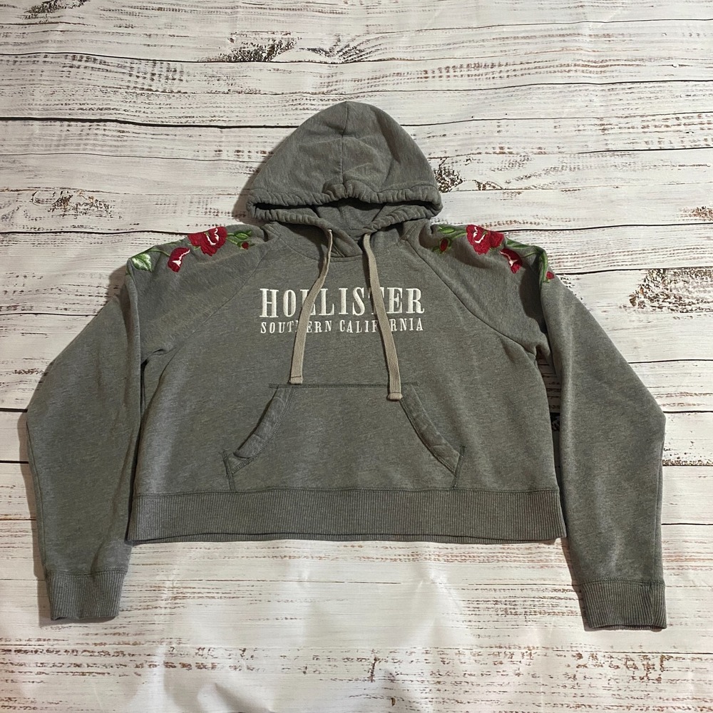 Hollister Sweater‎ White Crop Top Pullover Hoodie Floral Women's Size Large